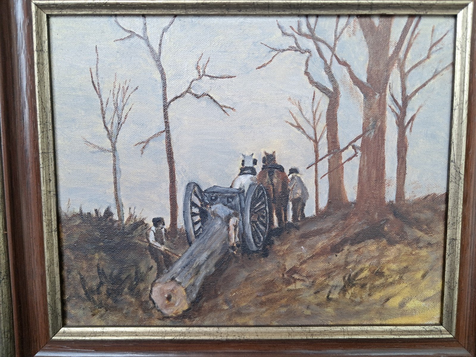 Hollandse school boer met trekpaarden in landschap, Ophalen of Verzenden
