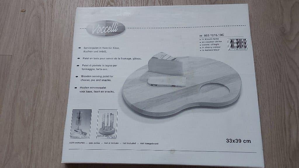 Voccelli houten serveerpalet+standaard + 4 mesjes+4 vorkjes, Hout, Snij-/serveerplank, Nieuw, Ophalen of Verzenden