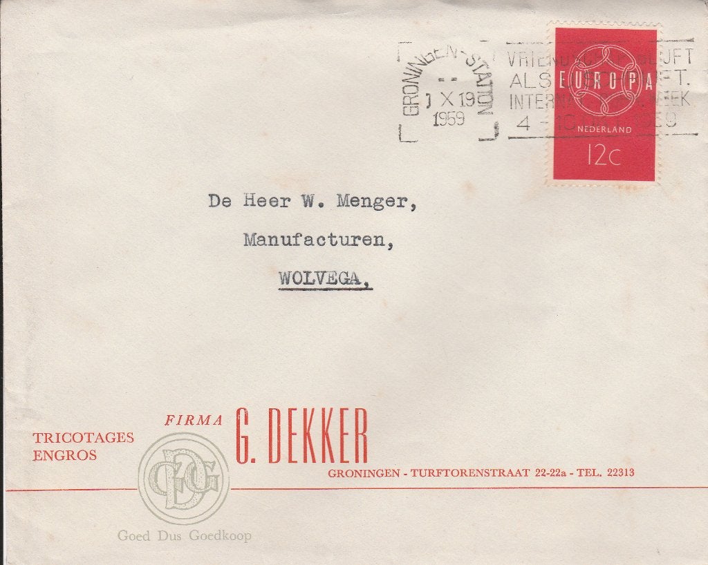 GRONINGEN 1959 Fa G. DEKKER Tricoages Engros Turftorenstr 22, Verzenden, 1940 tot 1960, Gelopen, Groningen