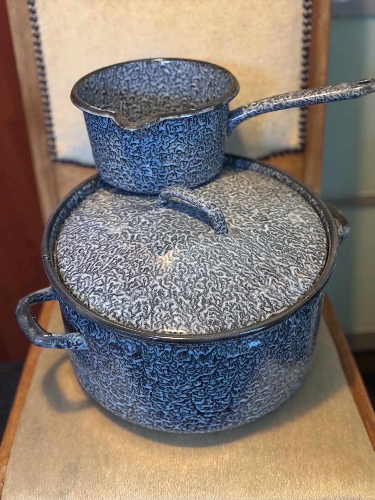 Vintage Emaille Pan en Sauspan Set - Gevlekt Grijs, Ophalen