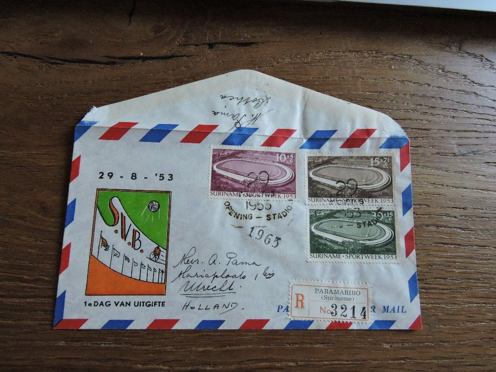 fdc koloniaal Suriname  E2_1M – 29 augustus 1953, Verzenden