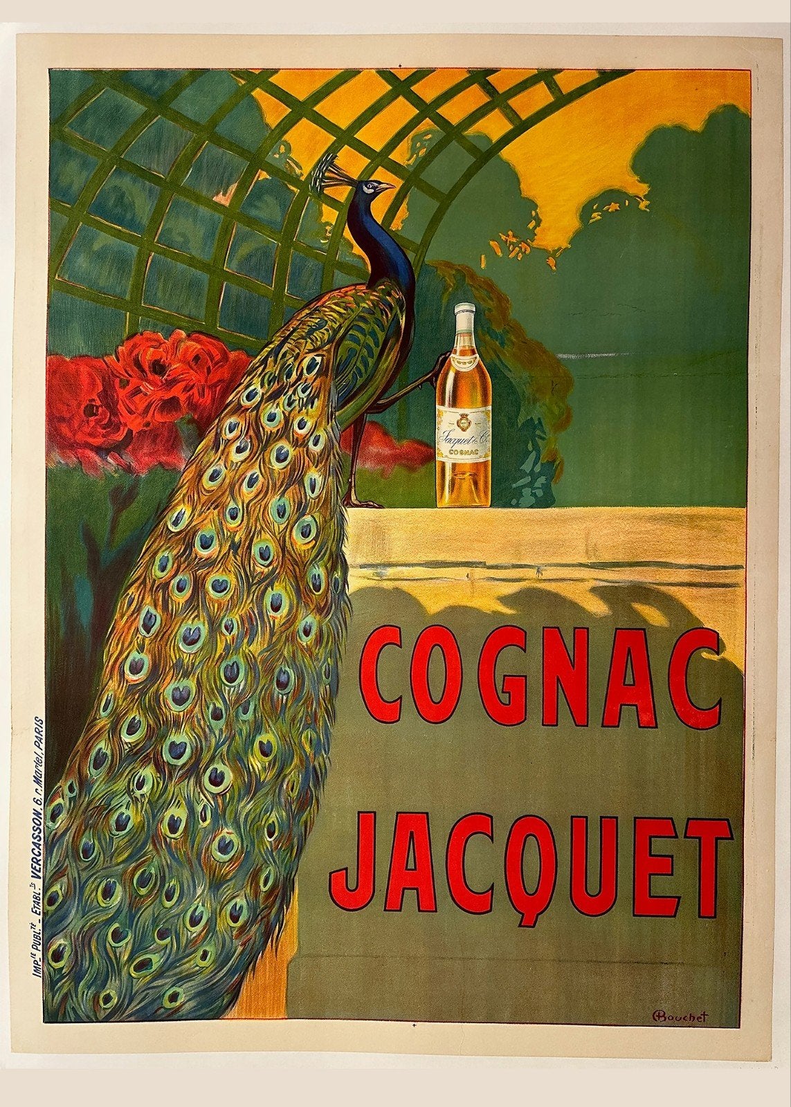 Vintage Art Deco Cognac Jacquet Reclame Poster, Ophalen of Verzenden, A1 t/m A3, Reclame, Rechthoekig Staand