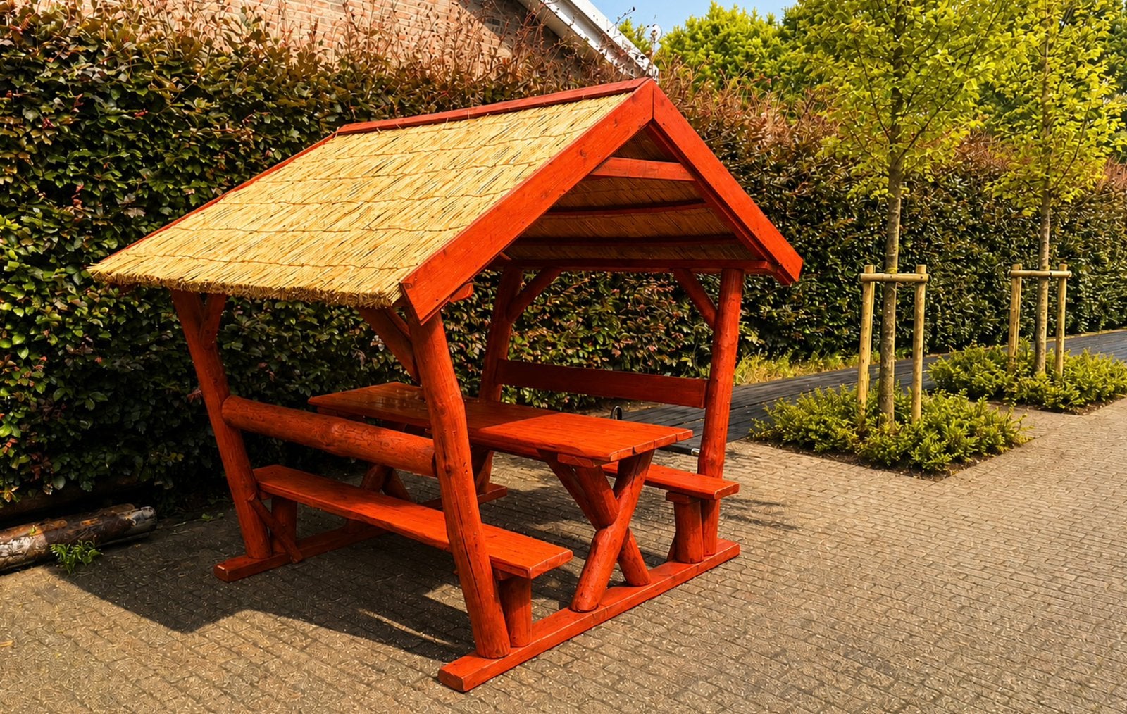 Degelijke picknicktafel / tuintafel met rieten dak, Ophalen of Verzenden, Nieuw, Vierkant, Hout