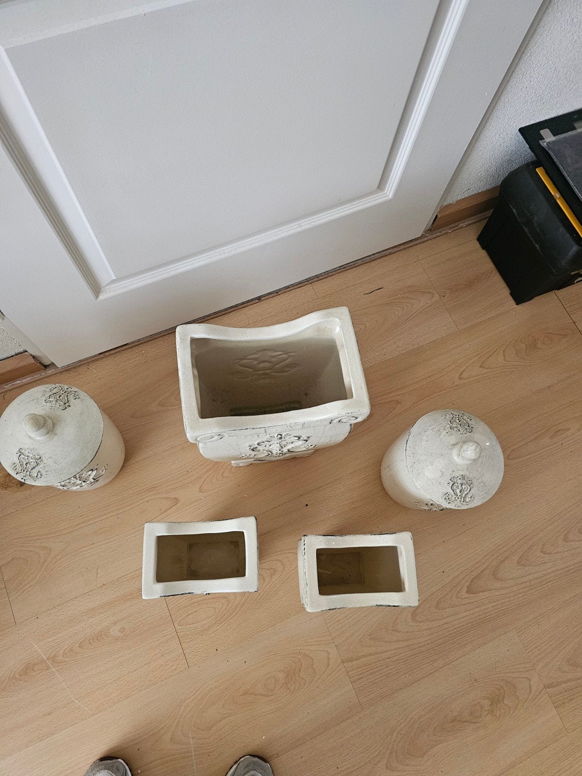 Set van 5 decoratieve vazen/potten in brocante stijl, Ophalen, Met patroon/structuur, Gebruikt, Overige kleuren