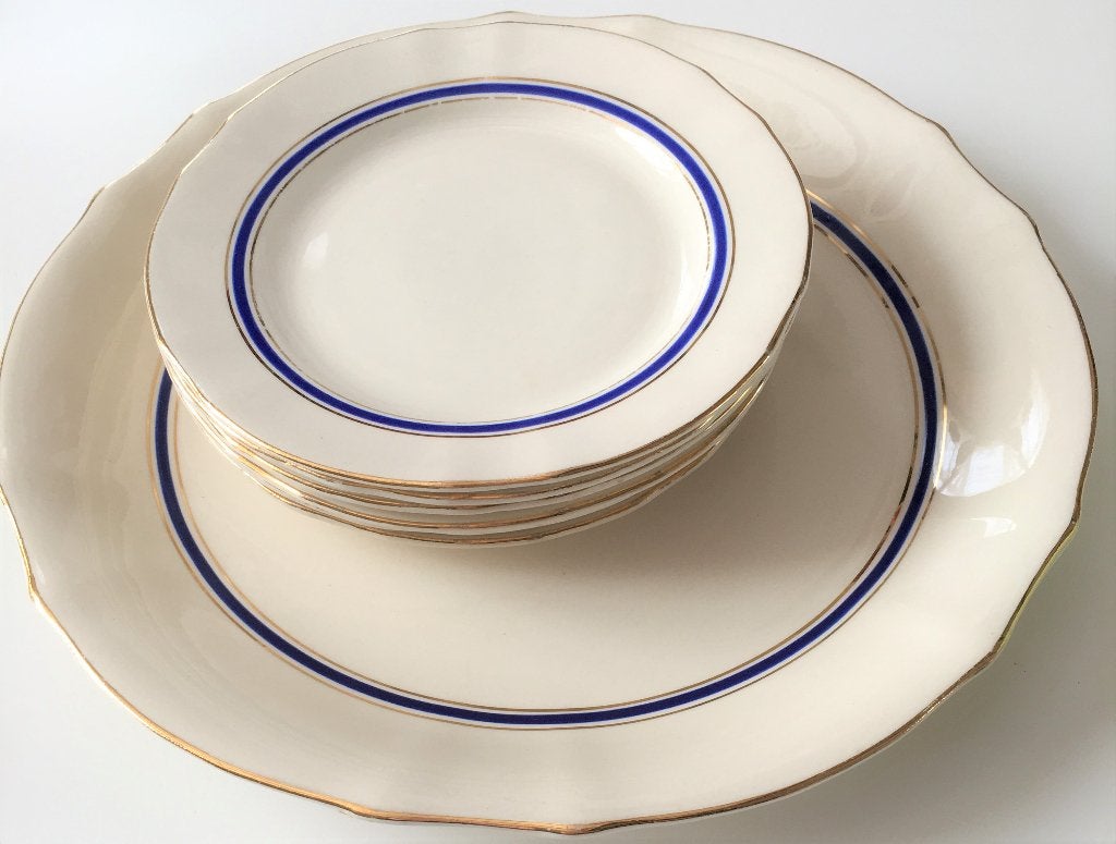 Arabia vintage Gebakstel 7 delig Klassiek blauwe band Goud, Ophalen