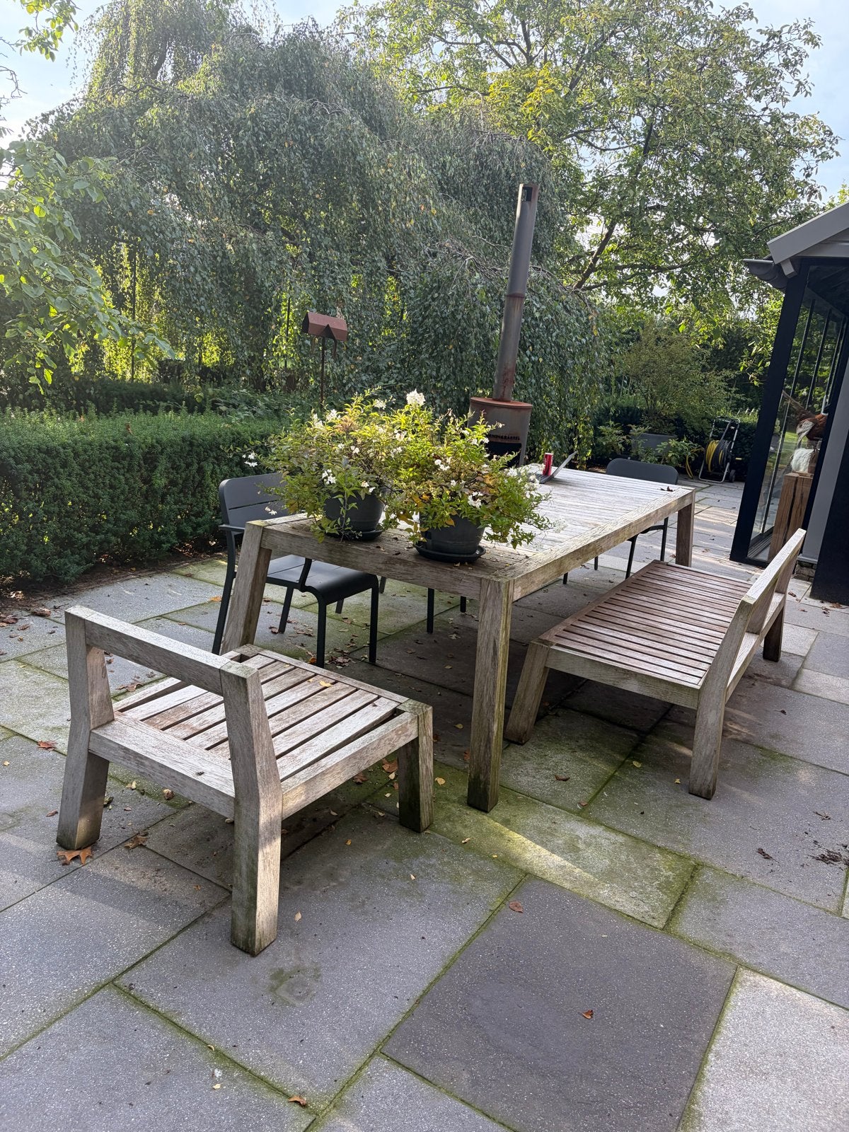 Robuuste houten tuinset met bank en stoel, Tuin en Terras, Ophalen, Gebruikt, 6 zitplaatsen, Hout