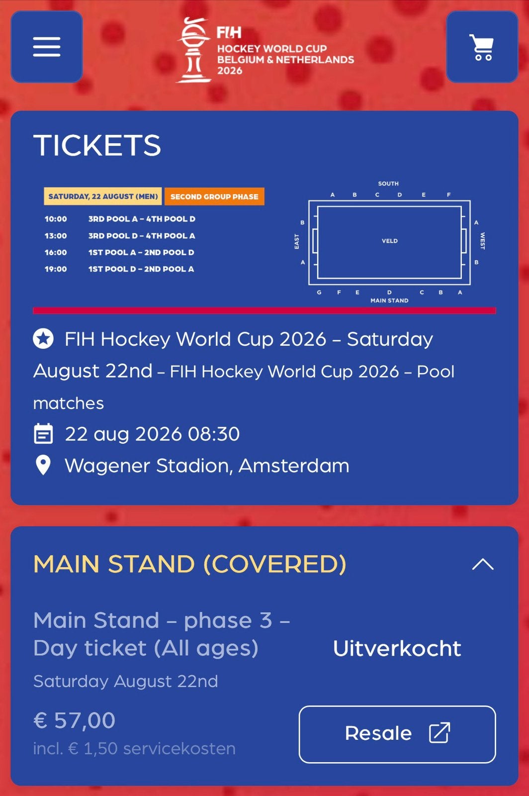 Gezocht: wk hockey 3 kaartjes zaterdag 22 augustus, Ophalen of Verzenden, Nieuw, Overige typen