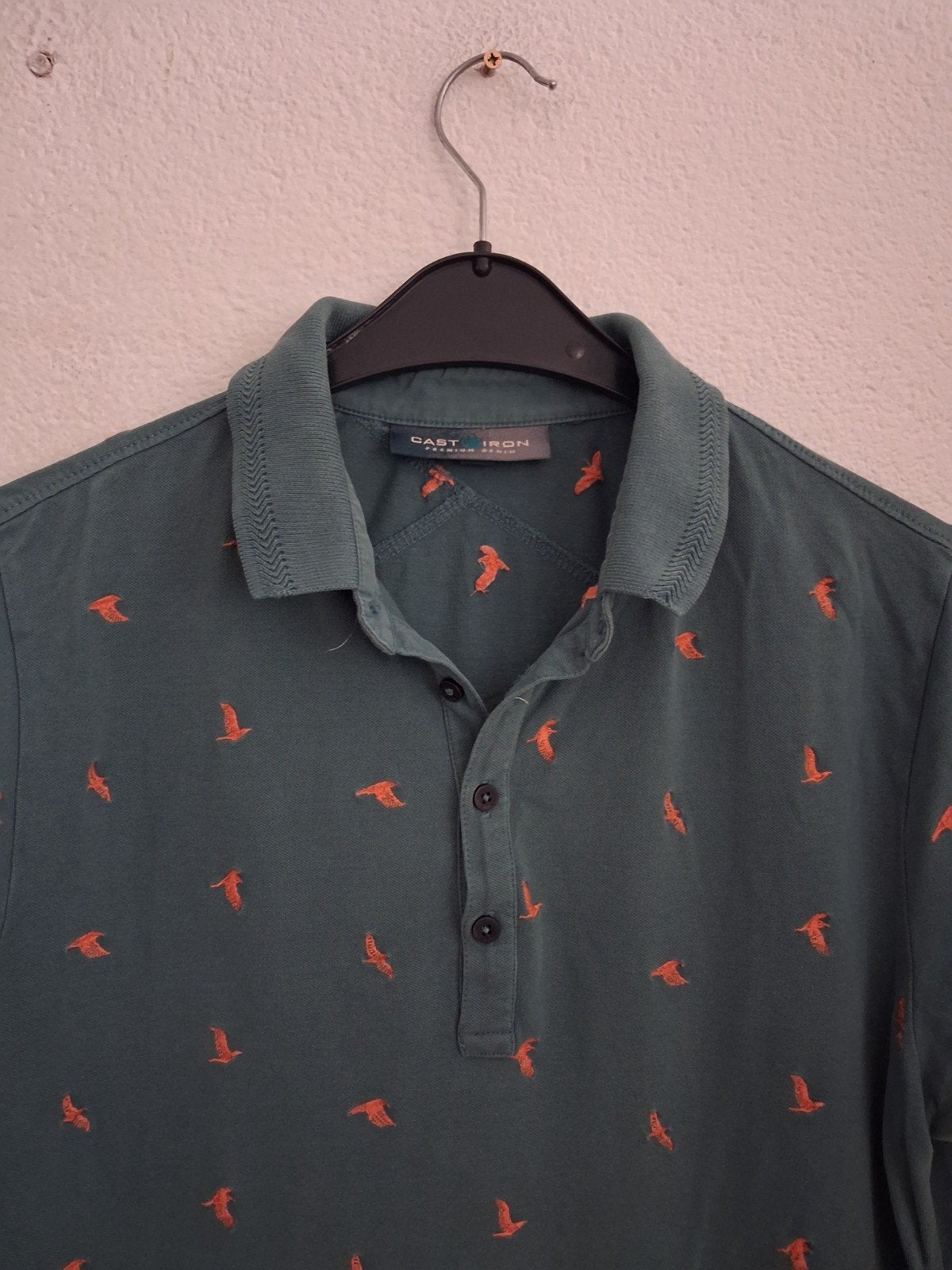 Cast Iron Polo Shirt Maat L - Groen met Oranje Vogels, Kleding | Heren, Polo's, Maat 52/54 (L), Ophalen of Verzenden, Cast Iron