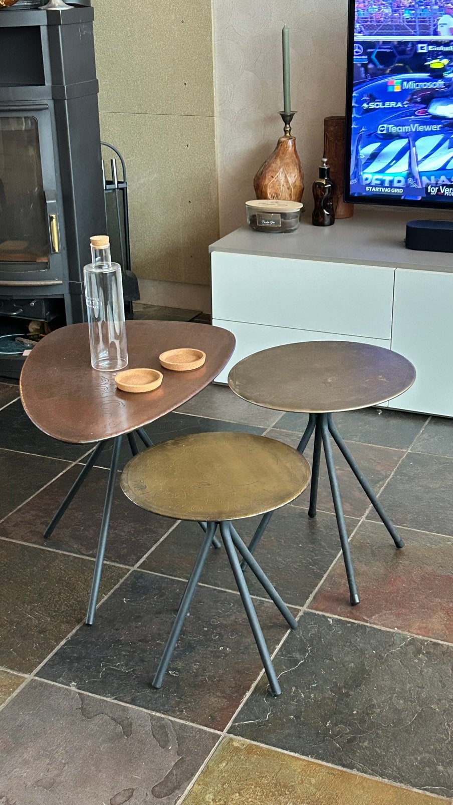 3 x metalen bijzettafel met 3 verschillende kleur top, Ophalen, Gebruikt, Onbekend, Onbekend