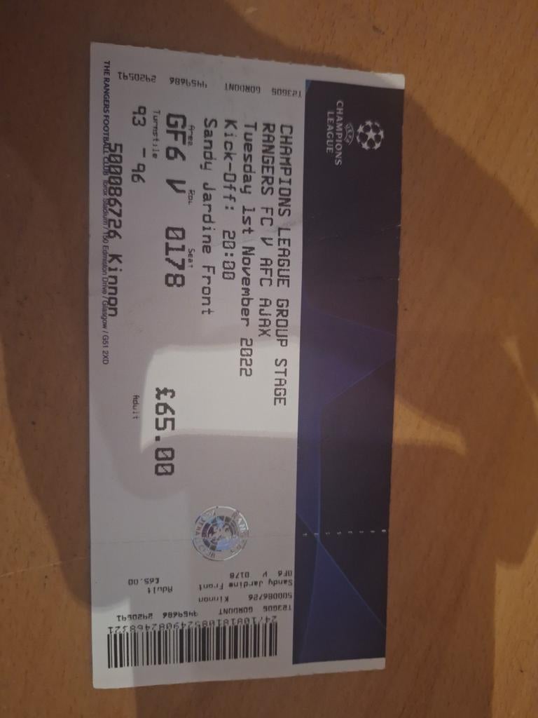 TICKET 22/3 CL Rangers v Ajax, Ophalen of Verzenden, Zo goed als nieuw, Ajax, Overige typen