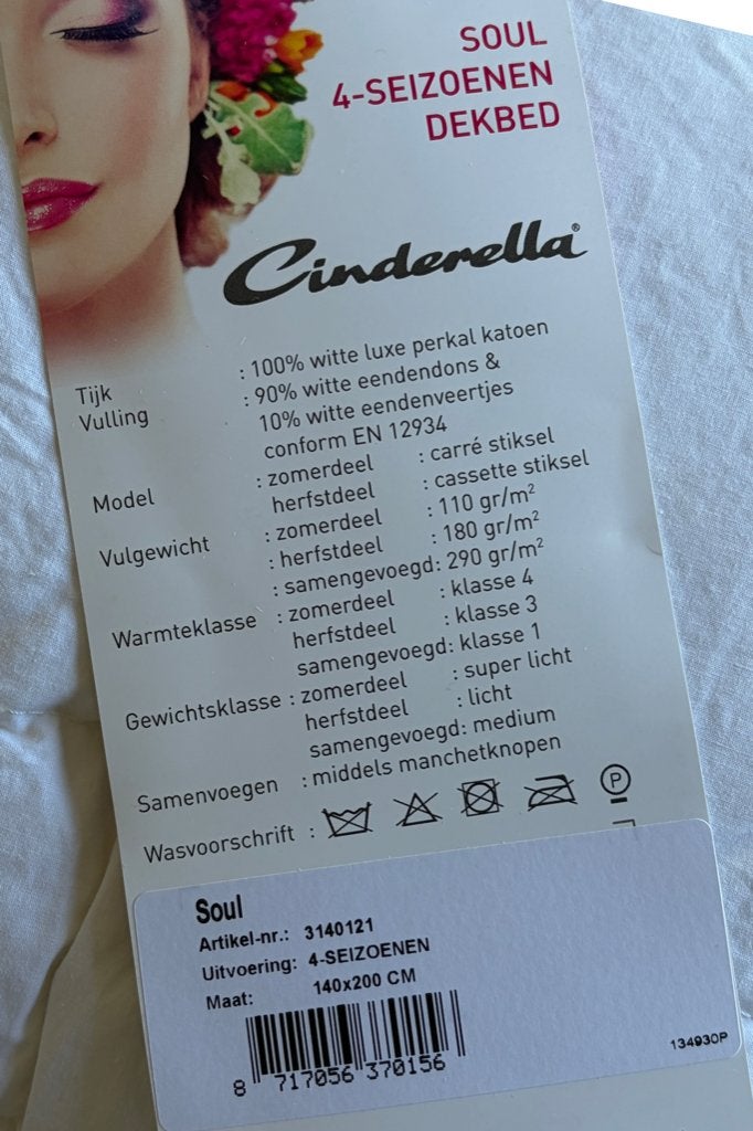 90% donzen 4-seizoenen dekbed - Cinderella Soul - 140x200, Knoopsluiting, Gebruikt, Eenpersoons, Wit
