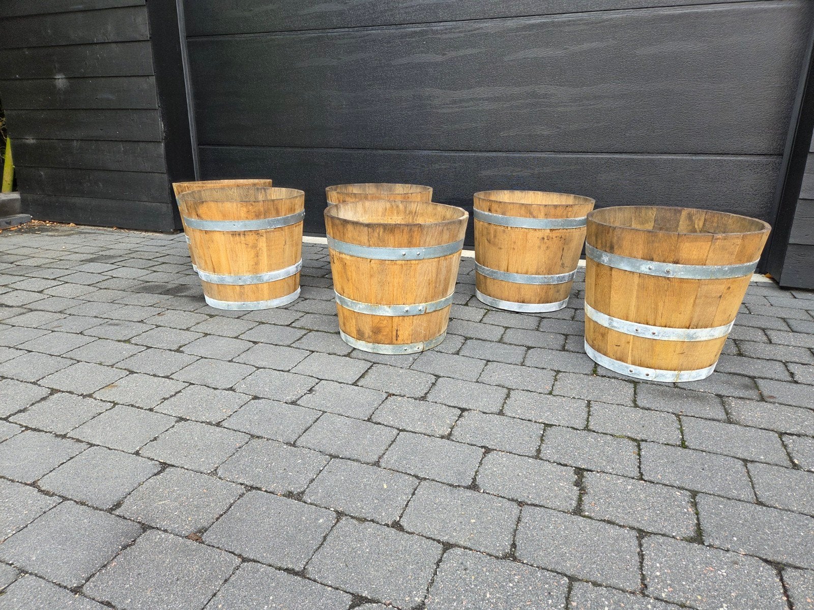 Set van 6 houten Robinia kuipen, Tuin en Terras, Ophalen, Gebruikt, Balkon, Rechthoekig