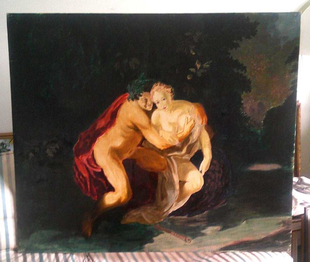 GROOT) - Mythologie - Pan en een nimf - ca.1940, Ophalen, Doek, Portret of Personen, Olieverf