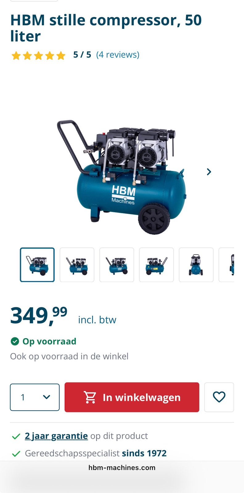 HBM low noise olievrije Compressor 50 Liter - Nieuw in Doos!, Ophalen, 6 tot 10 bar, Zo goed als nieuw, Olievrij