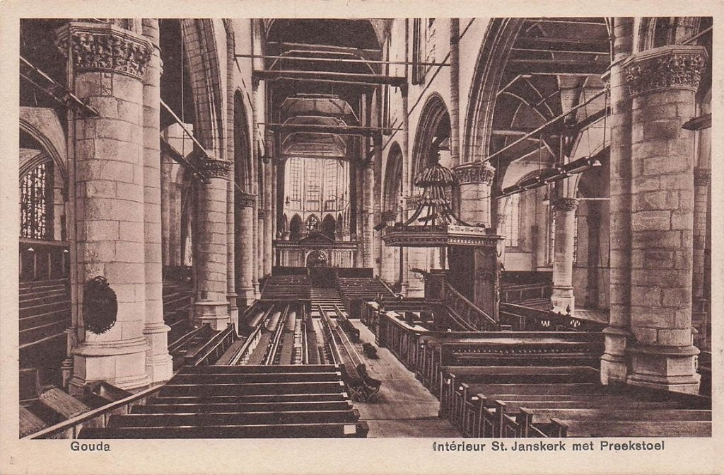 702-173-001 Gouda Interieur St Janskerk Met Preekstoel, Verzenden, Voor 1920, Zuid-Holland