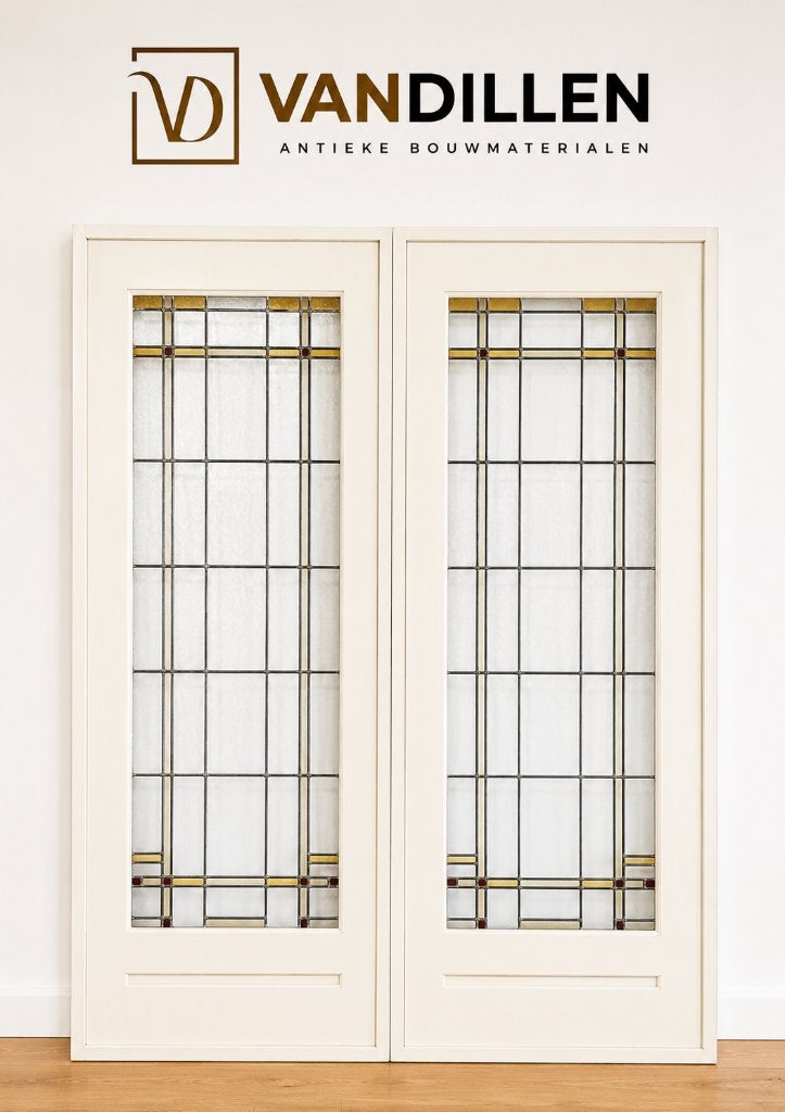 Oude antieke ensuite schuifdeuren glas in lood motief, Gebruikt, 120 cm of meer, Binnendeur, Ophalen of Verzenden