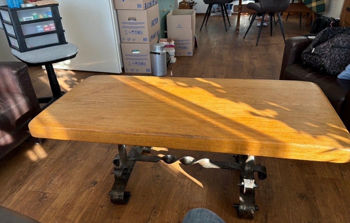 Prachtige kloostertafel eiken blad smeedijzeren onderstel, Ophalen, Gebruikt, 100 tot 150 cm, Eikenhout