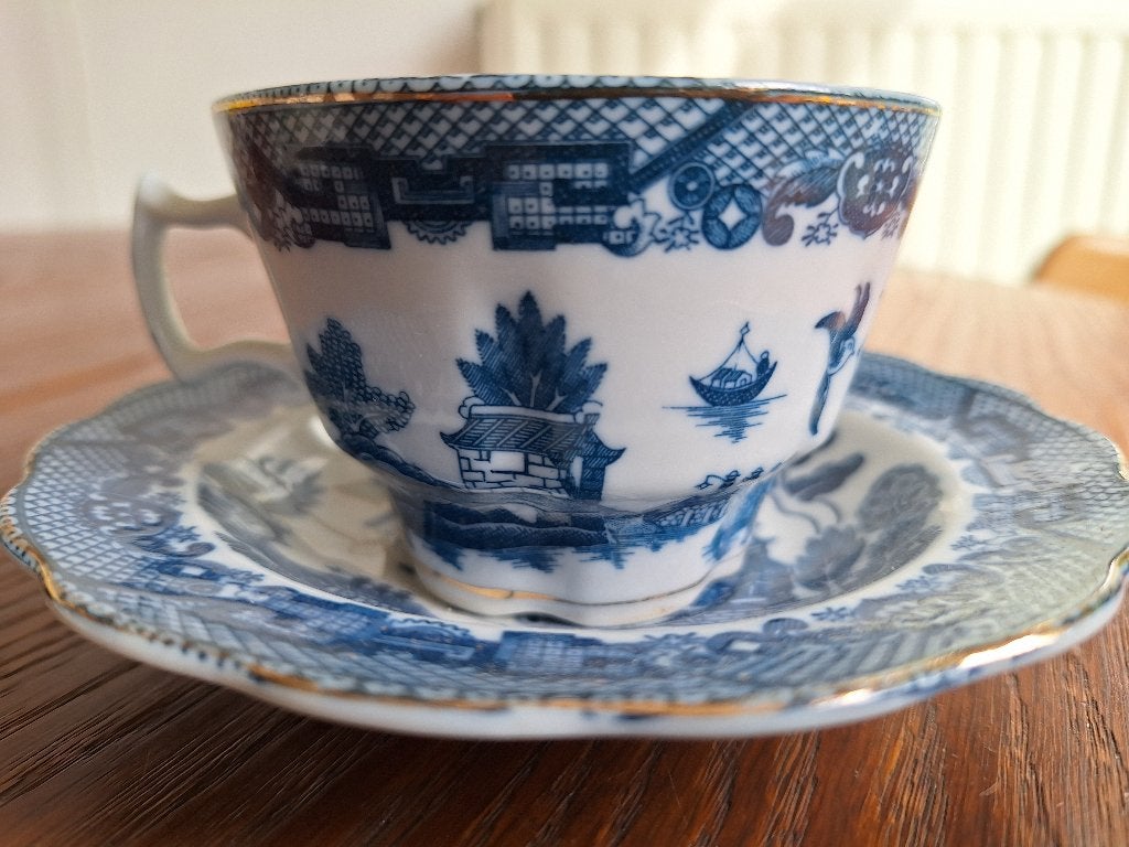 Antiek Willow Theekopje met Schotel blauw wit, Antiek en Kunst, Ophalen of Verzenden