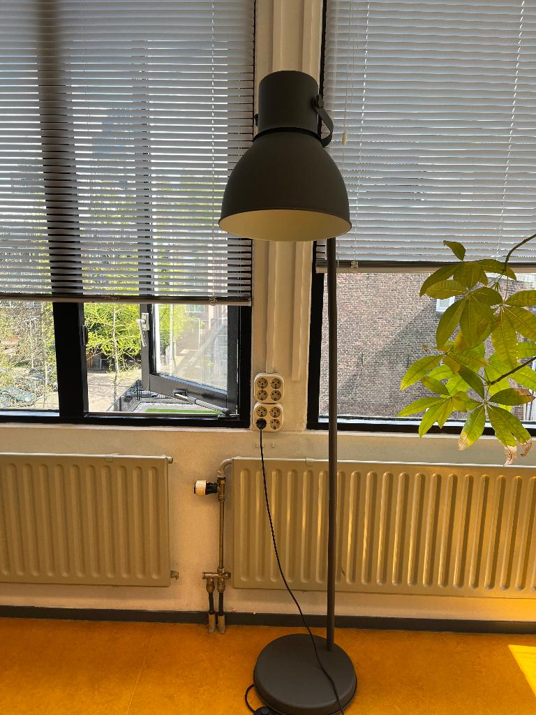 Twee industriële sta-lampen grijs, Huis en Inrichting, Lampen | Hanglampen, Ophalen, Zo goed als nieuw, Industrieel, Metaal