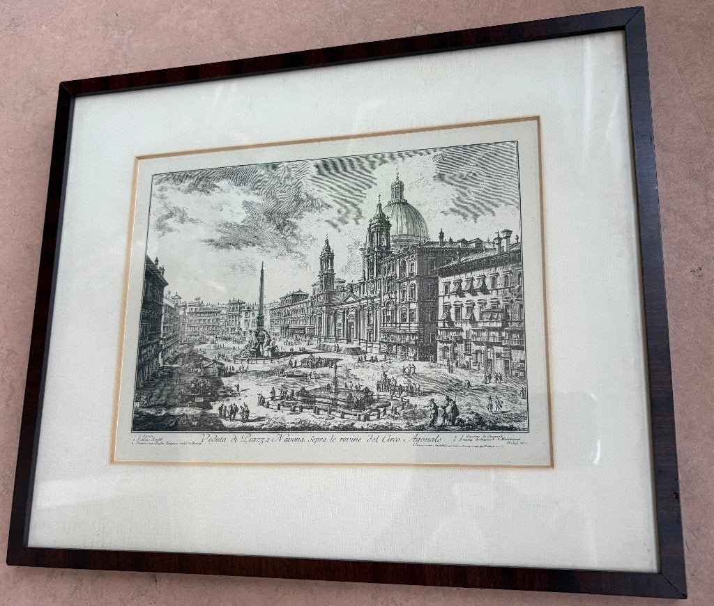 Ets van het Piazza Navona, Rome, rond 1750 (reproductie), Ingelijst, Ets, Stadsgezicht, 29 cm