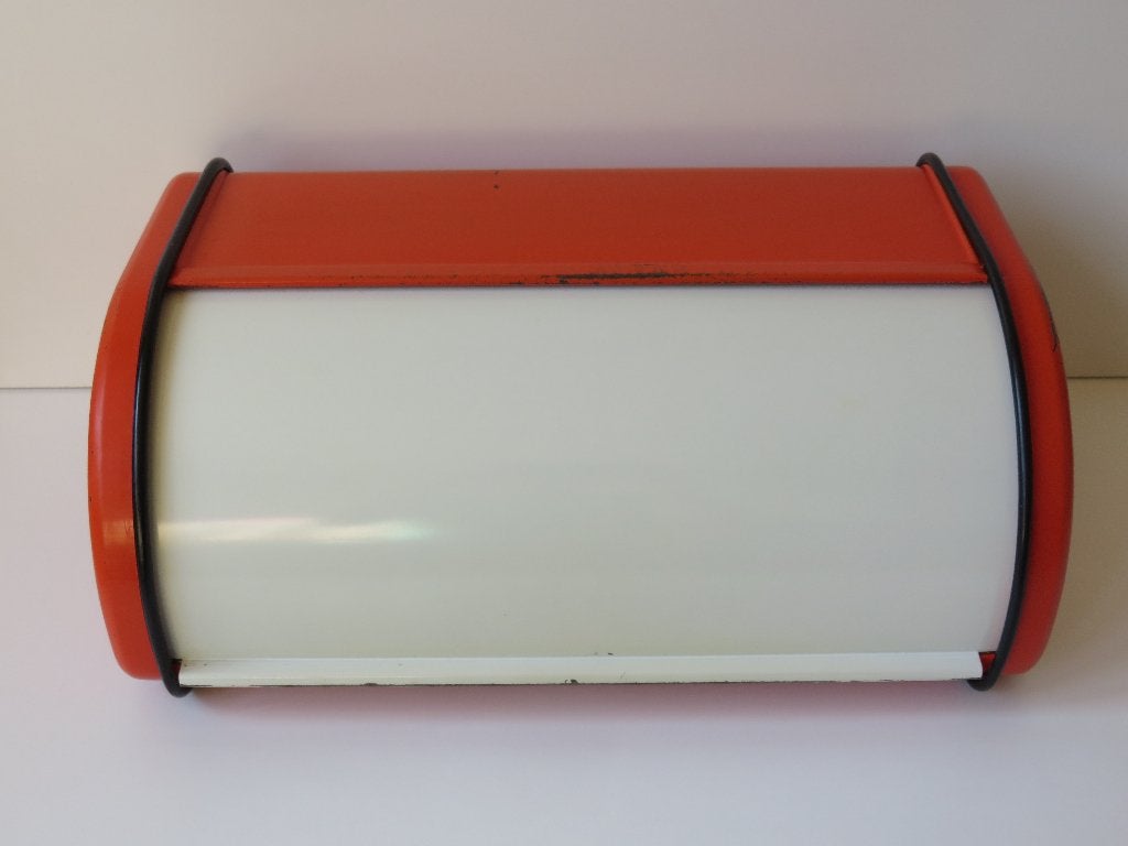 Vintage retro oranje witte metalen Brabantia broodtrommel, Verzamelen, Retro, Huis en Inrichting, Ophalen of Verzenden