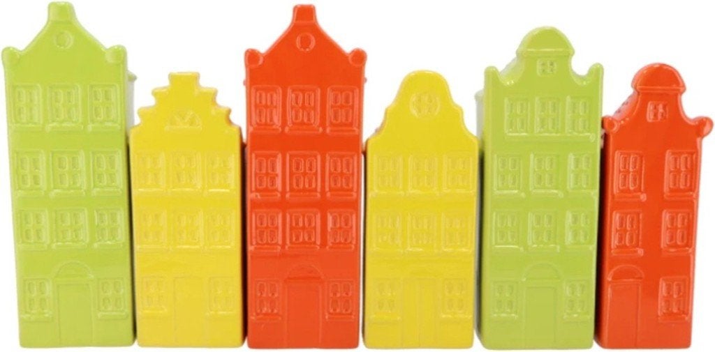 Set van 6 Aardewerk Grachtenpand Vaasjes Geel, Oranje, Groen, Daan Kromhout, Meerkleurig, Daan Kromhout, Nieuw