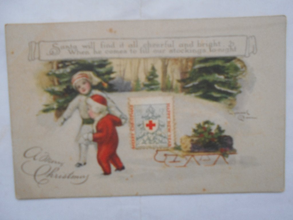 Kerstkaart uit 1917 met Cinderellazegel Red Cross Amerika, Ophalen of Verzenden, Voor 1920, Gelopen, Buiten Europa