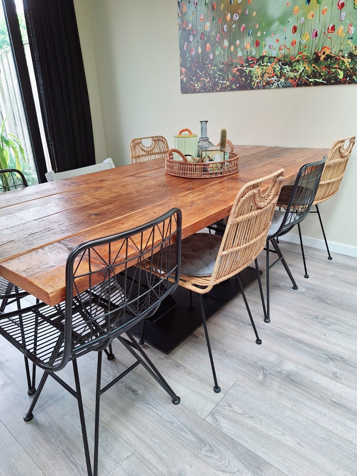 Handgemaakte eettafel met V-onderstel, Gebruikt, 200 cm of meer, 50 tot 100 cm, Vijf personen of meer