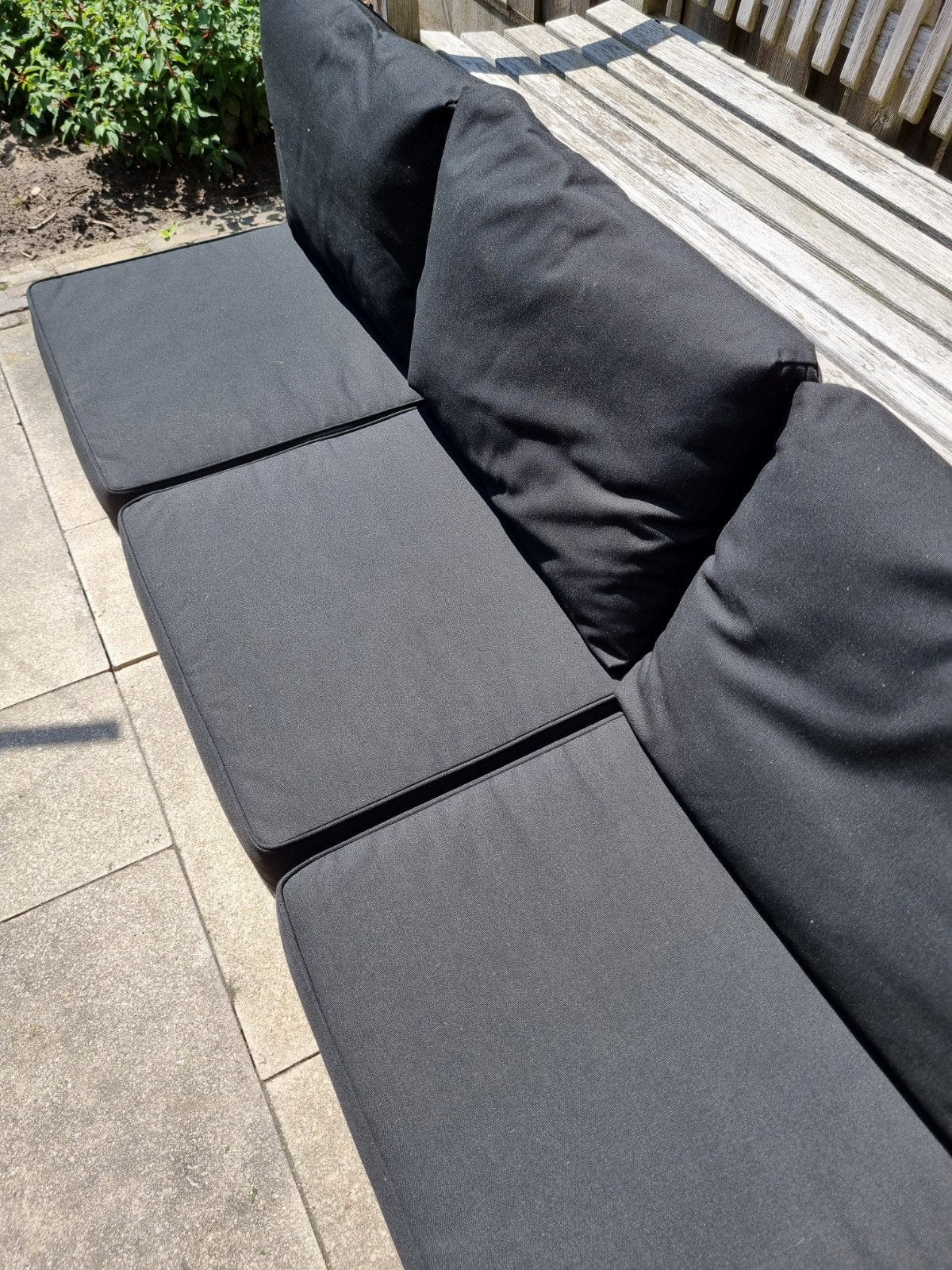 Zwarte loungekussens voor buitenbank, Tuin en Terras, Ophalen, Overige materialen, Gebruikt, 3 zitplaatsen