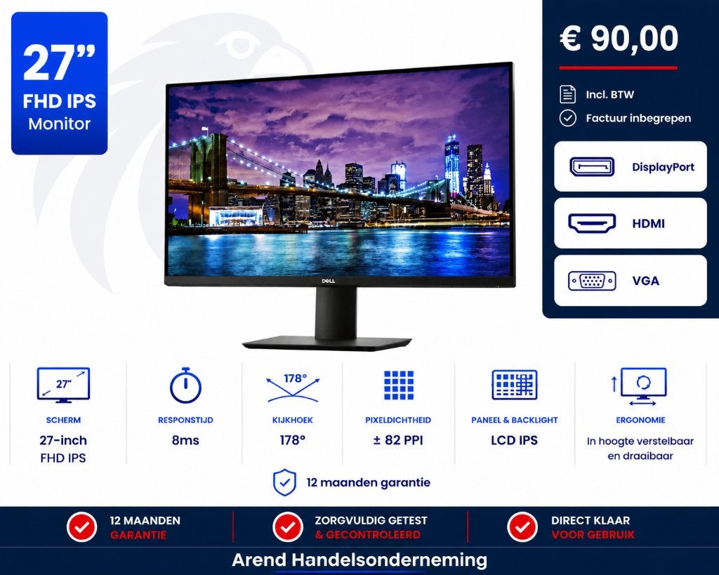 Dell P2719H 27 inch Full HD IPS monitor, Ophalen, Gebruikt, IPS, Dell