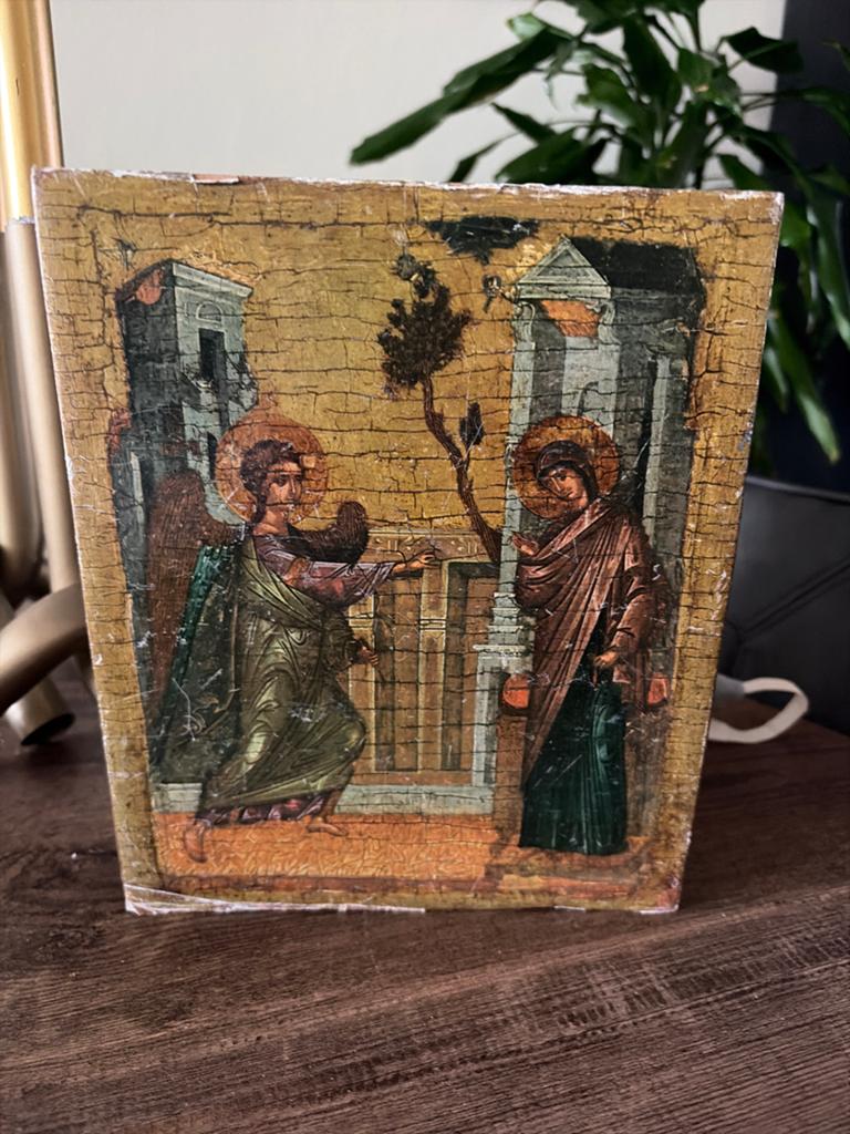 Antieke icoon: De Annunciatie - Byzantijnse stijl, Antiek en Kunst, Antiek | Religie, Ophalen of Verzenden
