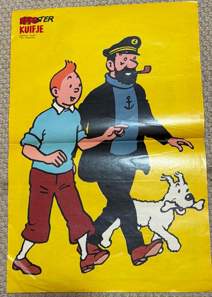 Vintage Kuifje Poster - Kuifje, Kapitein Haddock en Bobbie, Verzamelen, Posters, Ophalen of Verzenden, A1 t/m A3, Film en Tv, Rechthoekig Staand