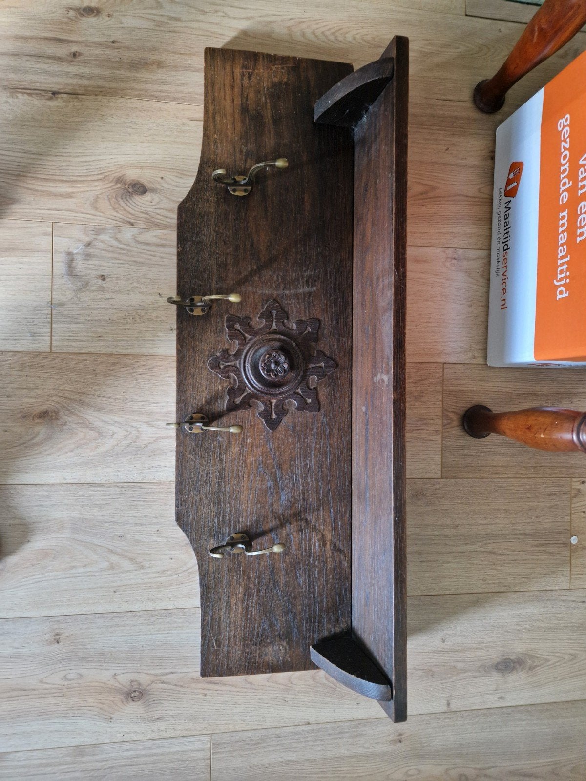 Antieke houten wandkapstok met messing haken, Gebruikt, Minder dan 100 cm, Hout, Ophalen