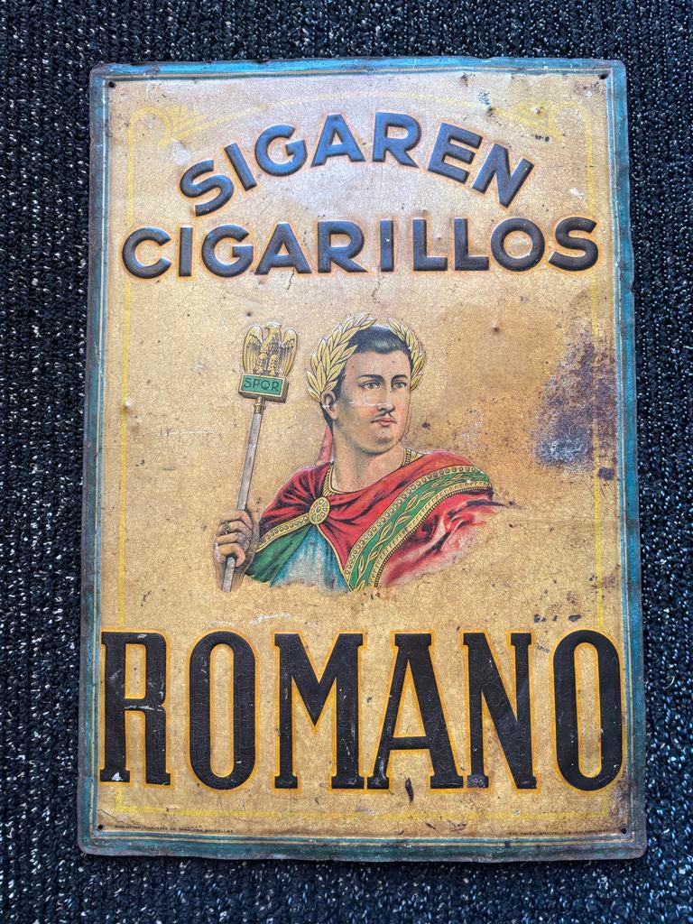 Reclamebord (geen emaille ) Sigaren en Cigarillos Romano, Ophalen of Verzenden, Gebruikt, Reclamebord