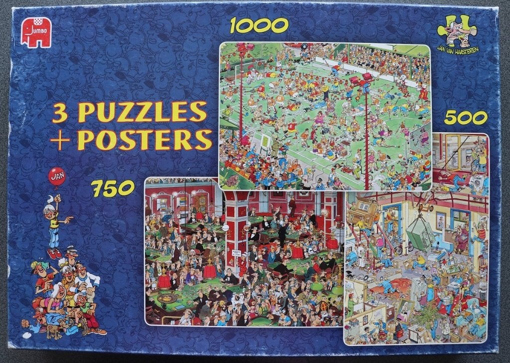 Jan van Haasteren 3 puzzels Moving Day, Crazy Casino, Hockey, Ophalen of Verzenden, 500 t/m 1500 stukjes, Gebruikt, Legpuzzel