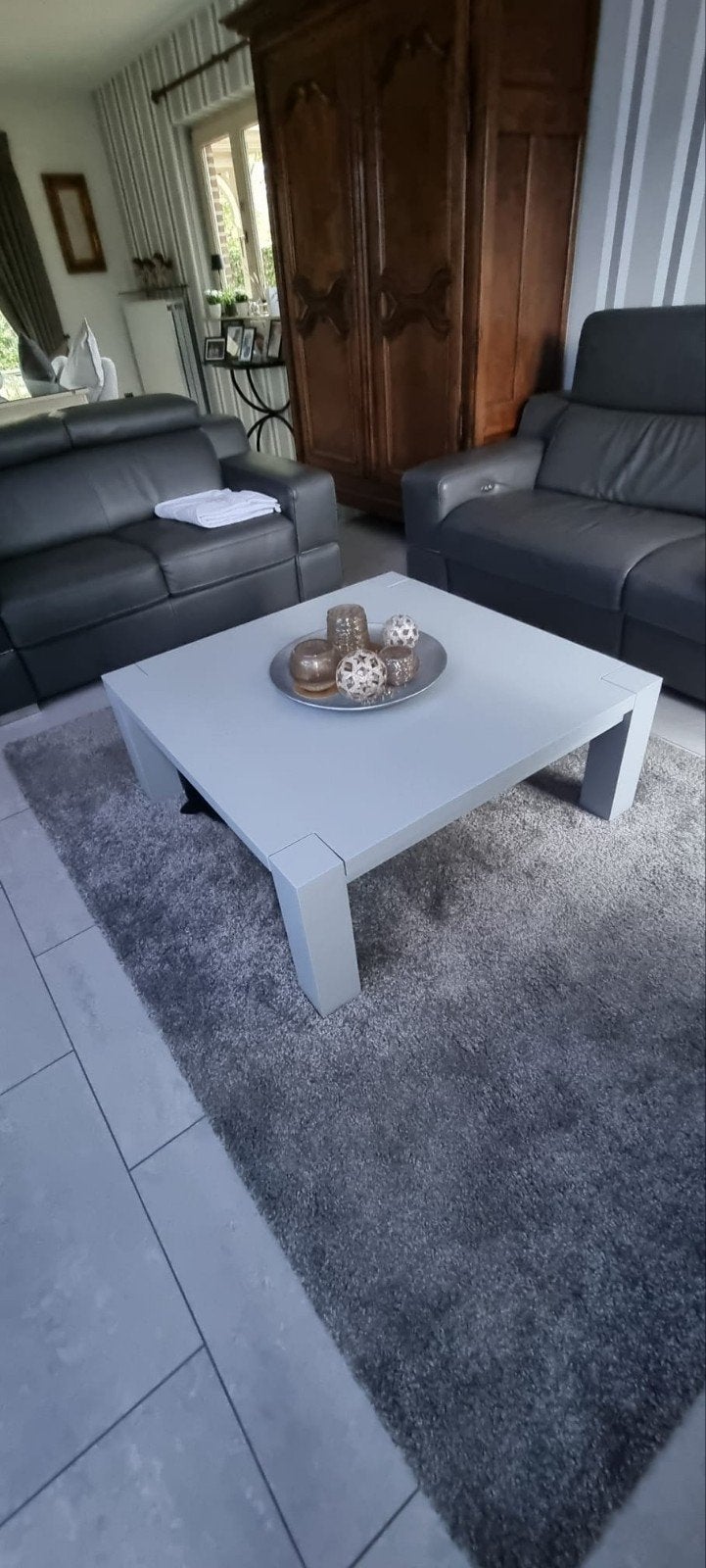 Salontafel massief kerselaar hout 1m/1m licht grijs, Huis en Inrichting, Ophalen, Gebruikt, 50 tot 100 cm, Vierkant
