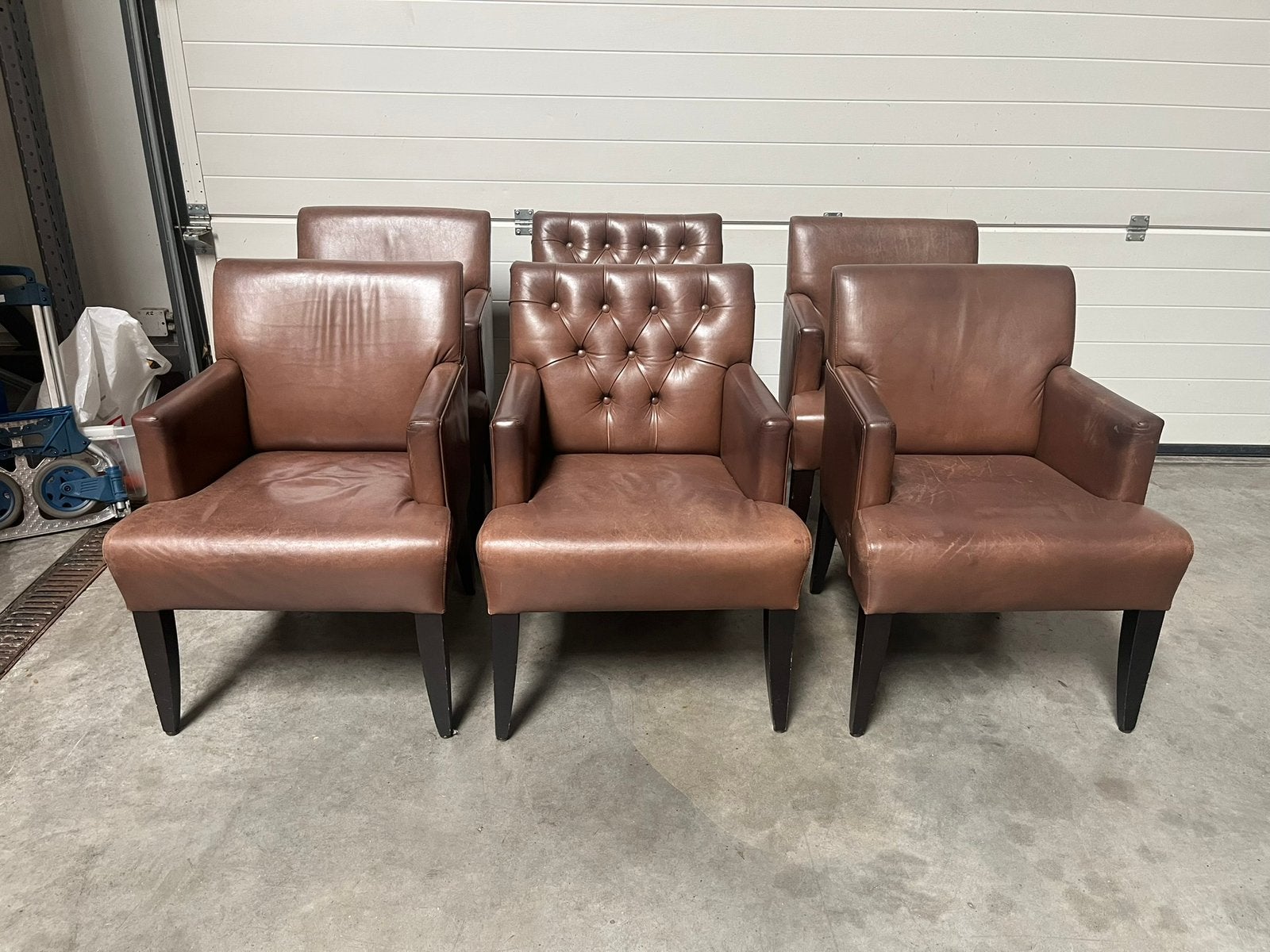 Lederen bruine stoelen set van 6., Ophalen, Gebruikt, Bruin, Leer