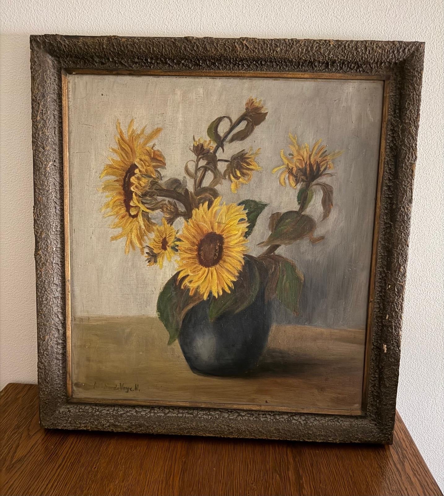 Schilderij Zonnebloemen in Vaas - Gesigneerd, Ophalen, Doek, Stilleven, Gesigneerd