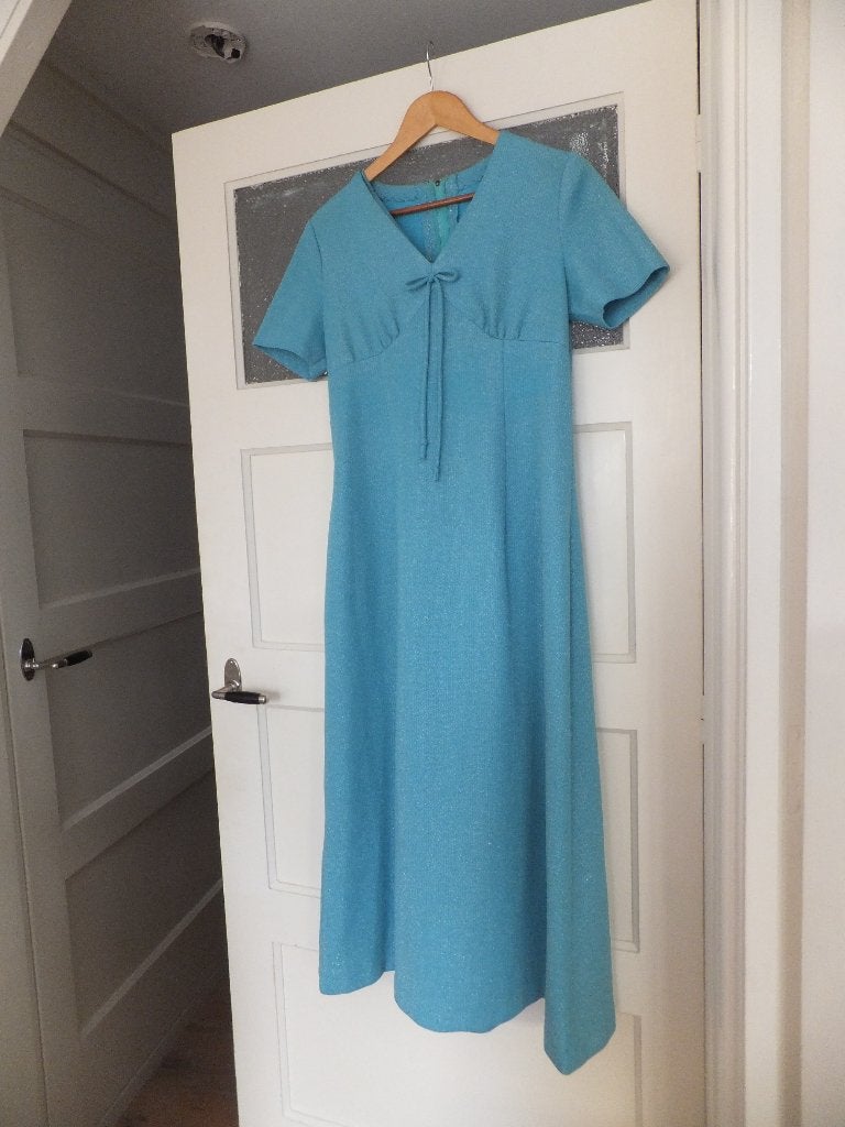 lange vintage jurk, avondjurk, blauw glittertje, maat 36 38, Blauw, Zo goed als nieuw, Onder de knie, Ophalen