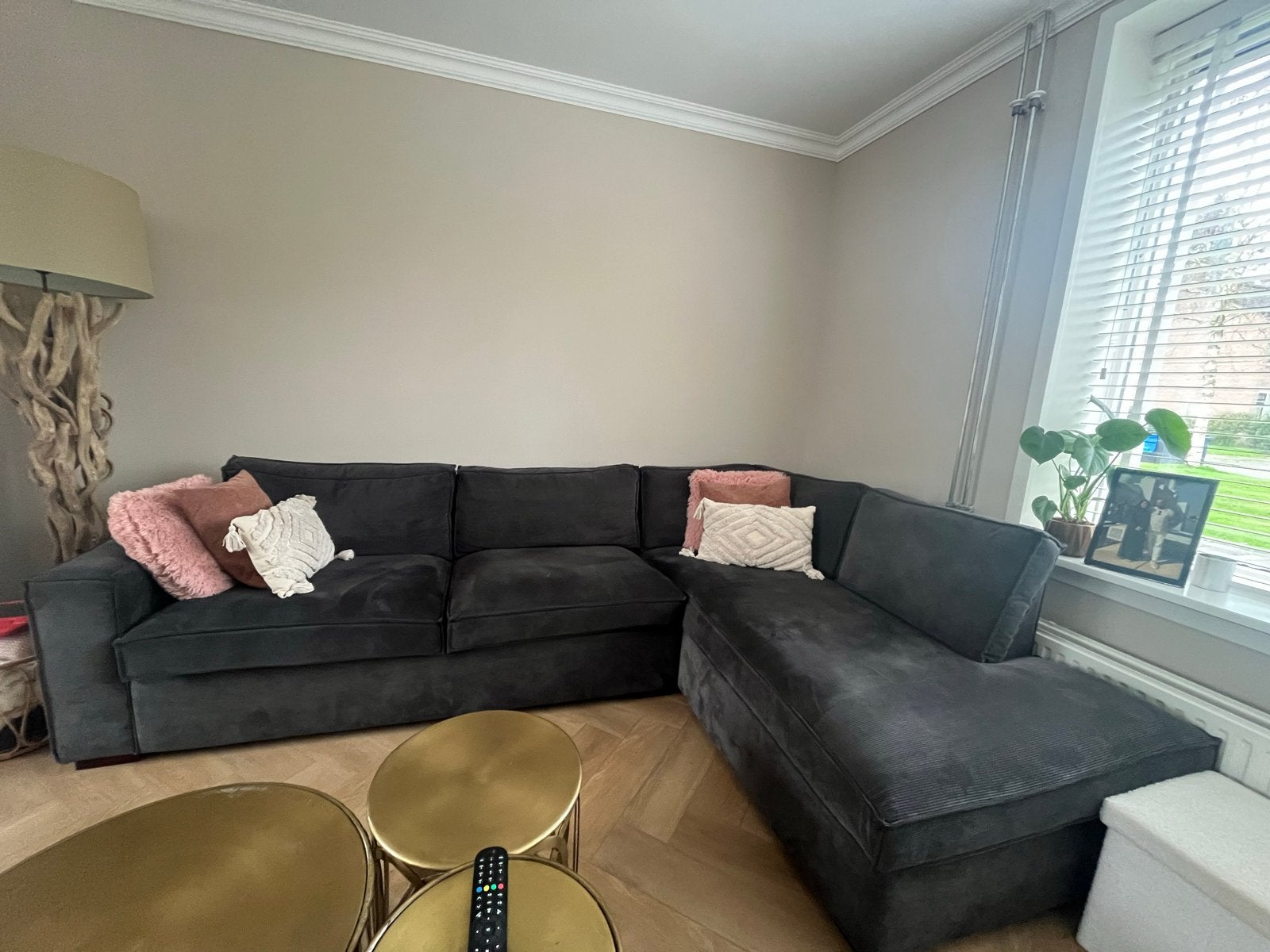 Comfortabele WOOOD antraciet hoekbank met chaise longue, Ophalen, Gebruikt, Stof