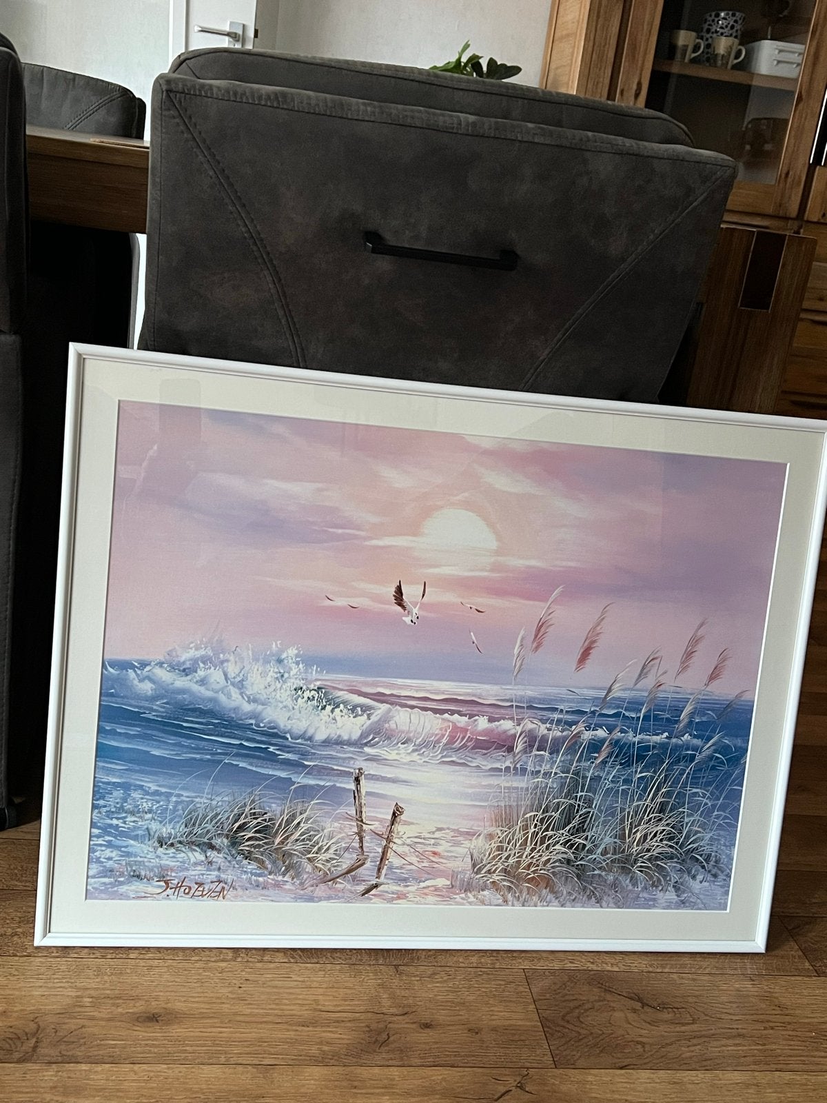 Reproductie met zeelandschap en zonsondergang, Ophalen, 50 – 75, Gebruikt, Schilderij