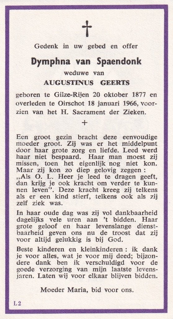 Spaendonk Dymphna 1877 Gilze Rijen 1966 Oirschot, Ophalen of Verzenden, Bidprentje