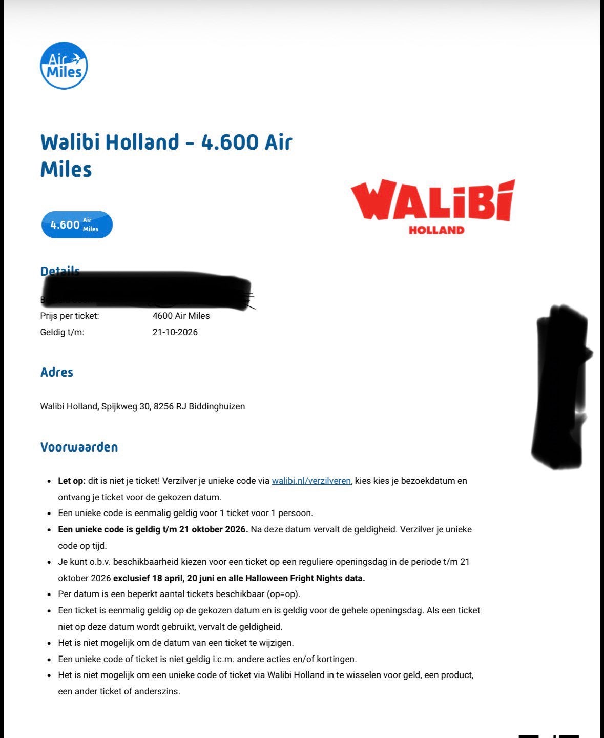 Kaartje Walibi, Eén persoon, Overige soorten, Pretpark