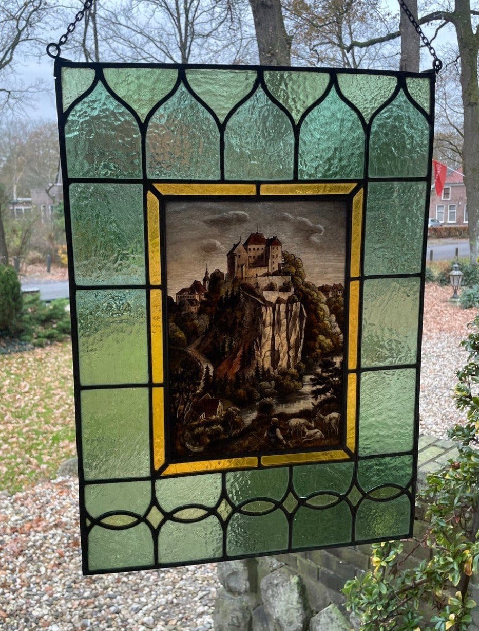 2 Antiek Glas-in-lood Ramen met Gebrandschilderde Afbeelding, Ophalen, Gebruikt, Minder dan 80 cm, Glas in lood