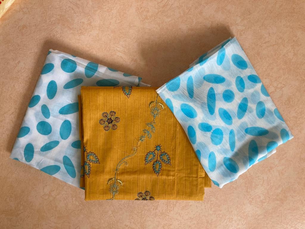 Stof India katoen 3 delen voor Salweer Kameez of Churidar, 120 cm of meer, Geel, Nieuw, Ophalen of Verzenden