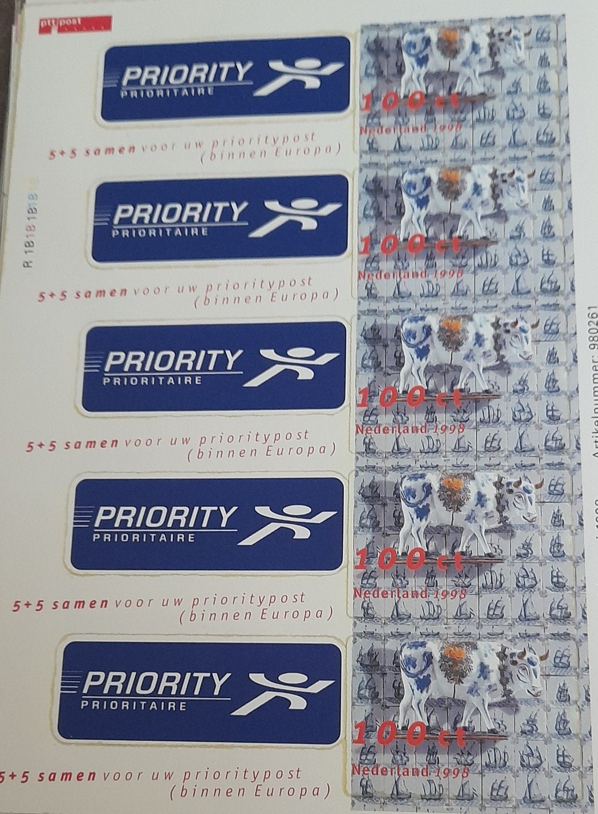 Nederland 1998 Priority Postzegels - Delfts Blauw Koeien, Postzegels en Munten, Ophalen of Verzenden, Na 1940, Postfris