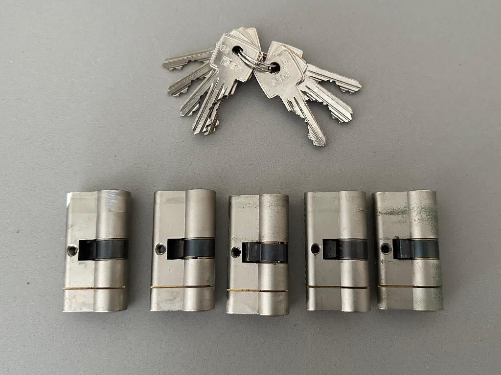 Set 5 gelijksluitende SKG*** ISEO cilinders met 10 sleutels, Ophalen of Verzenden, Gebruikt, Slot
