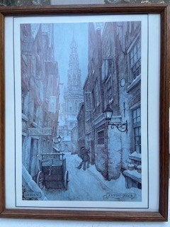 Anton Pieck, stadstafereel Leiden, Antiek en Kunst, Kunst | Schilderijen | Klassiek, Ophalen, Ingelijst, Stads- / dorpsgezicht