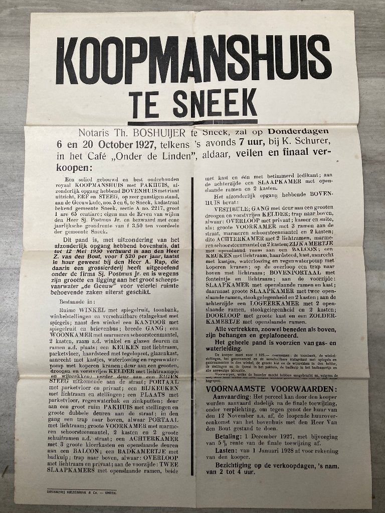 Sneek Geeuwkade raambiljet veiling koopmanshuis 1927, Verzamelen, Ophalen of Verzenden, Zo goed als nieuw, Voor 1940, Prent