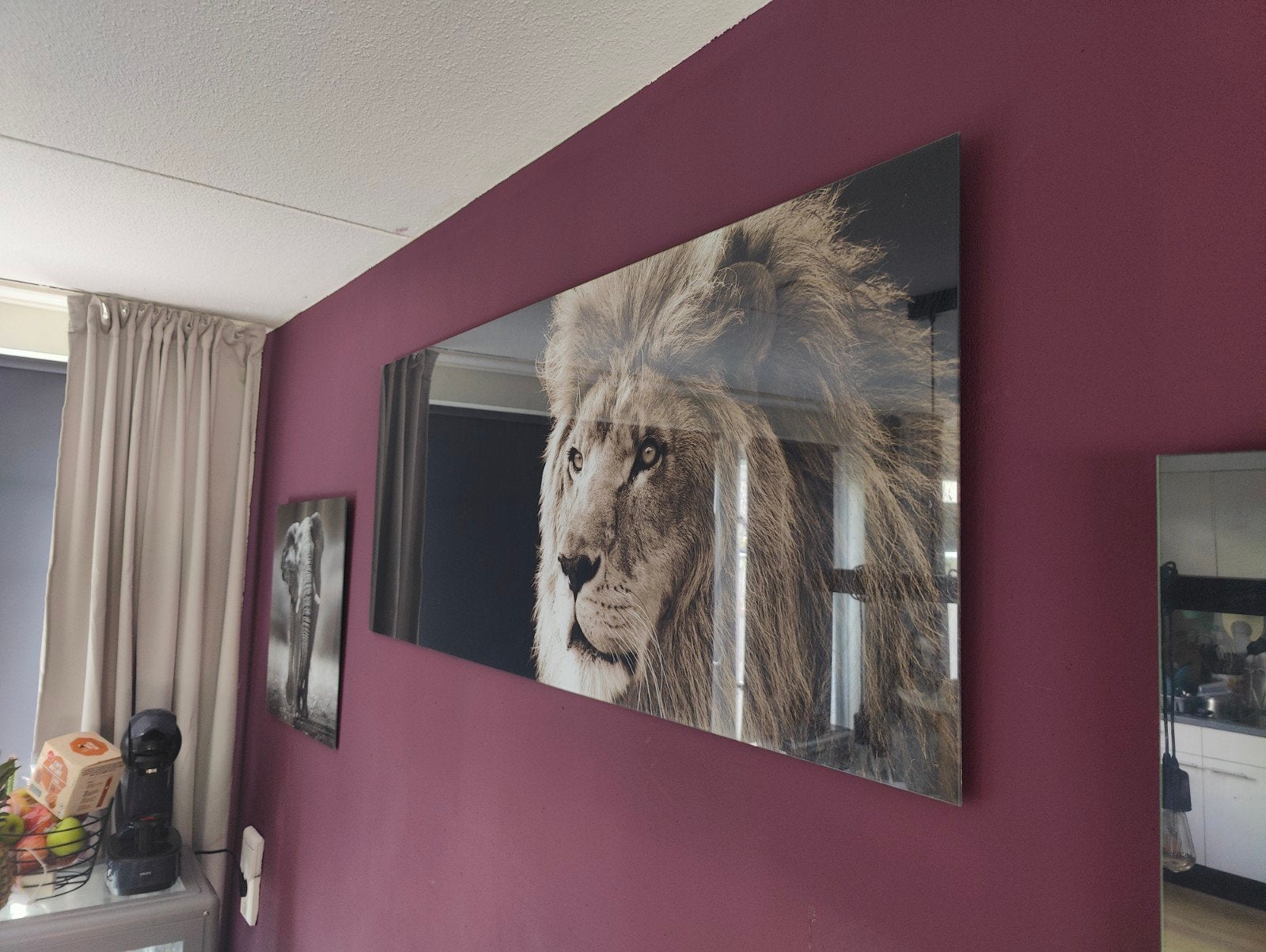 Foto op glas - Leeuw - 125x50 cm, Huis en Inrichting, Ophalen, 50 – 75, 125 cm of meer, Zo goed als nieuw